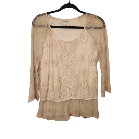 dressbarn Tops - Dressbarn Women's Champagne Embroidered Floral Lace Blouse Size S
